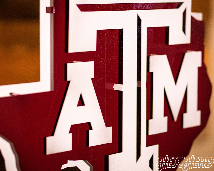 Texas A&M 3D Vintage Metal Wall Art White on State of Texas