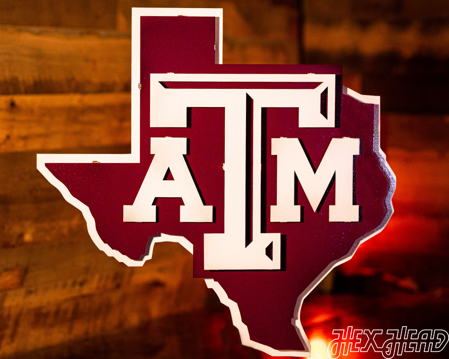 Texas A&M 3D Vintage Metal Wall Art White on State of Texas
