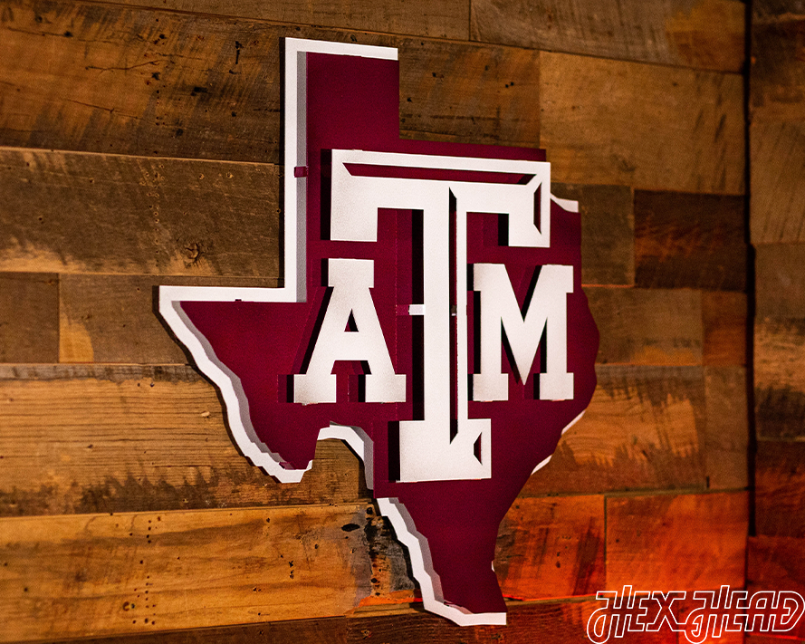 Texas A&M 3D Vintage Metal Wall Art White on State of Texas