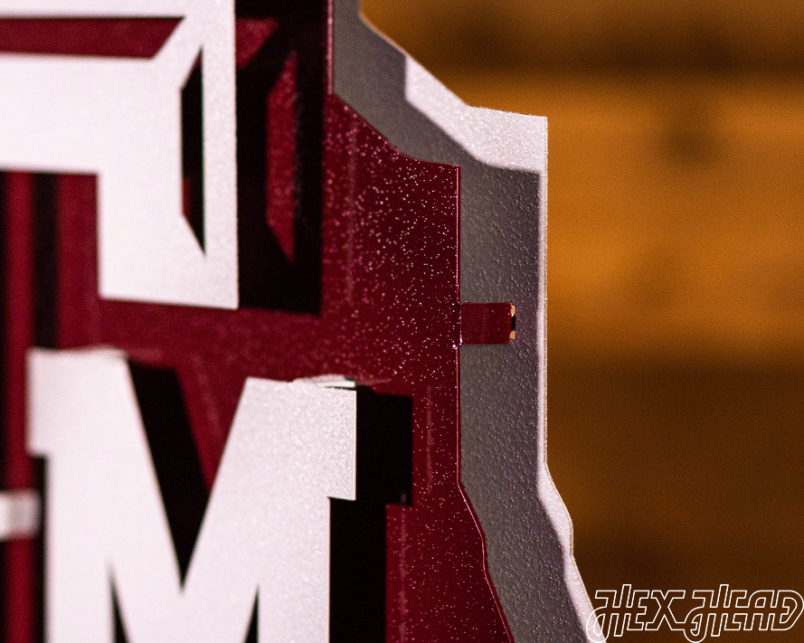 Texas A&M 3D Vintage Metal Wall Art White on State of Texas