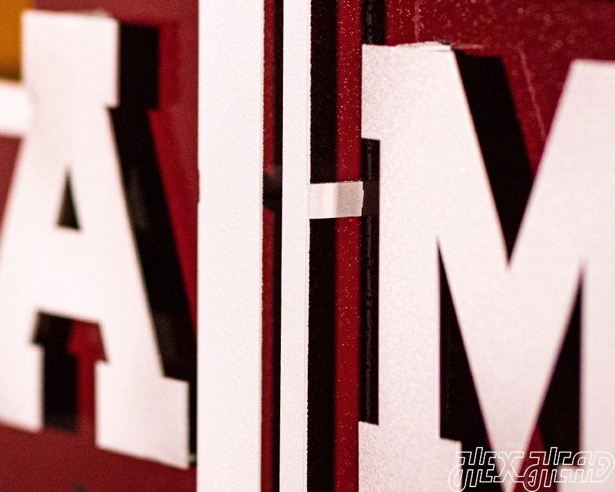 Texas A&M 3D Vintage Metal Wall Art White on State of Texas