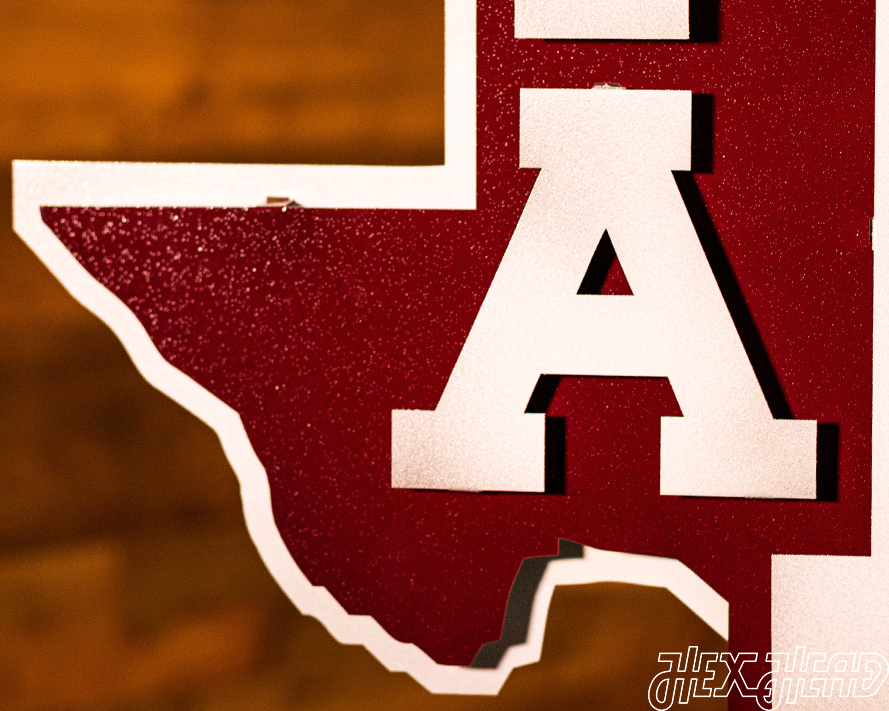 Texas A&M 3D Vintage Metal Wall Art White on State of Texas