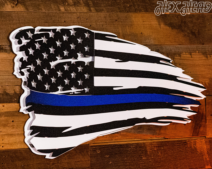 Tattered American Flag - Thin Blue Line 3D Metal Wall Art