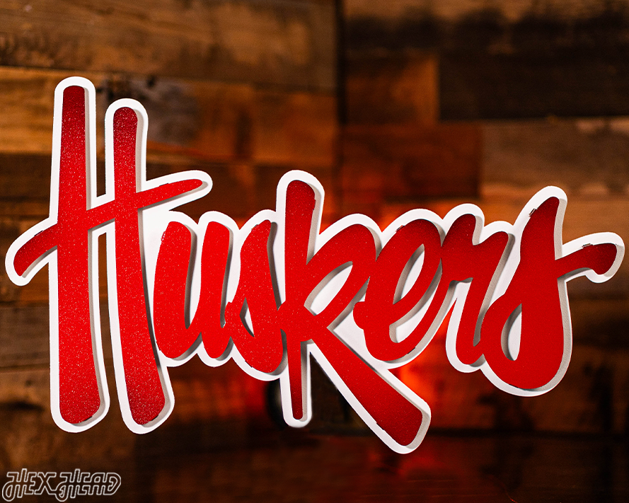 Nebraska "HUSKERS" RED Script 3D Vintage Metal Wall Art