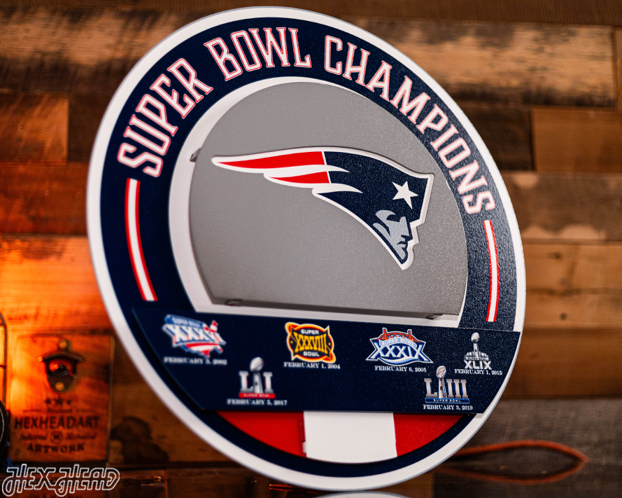 New England Patriots DYNASTY - Super Bowl Wins w/ Replaceable Icon Plate 3D Vintage Metal Wall Art