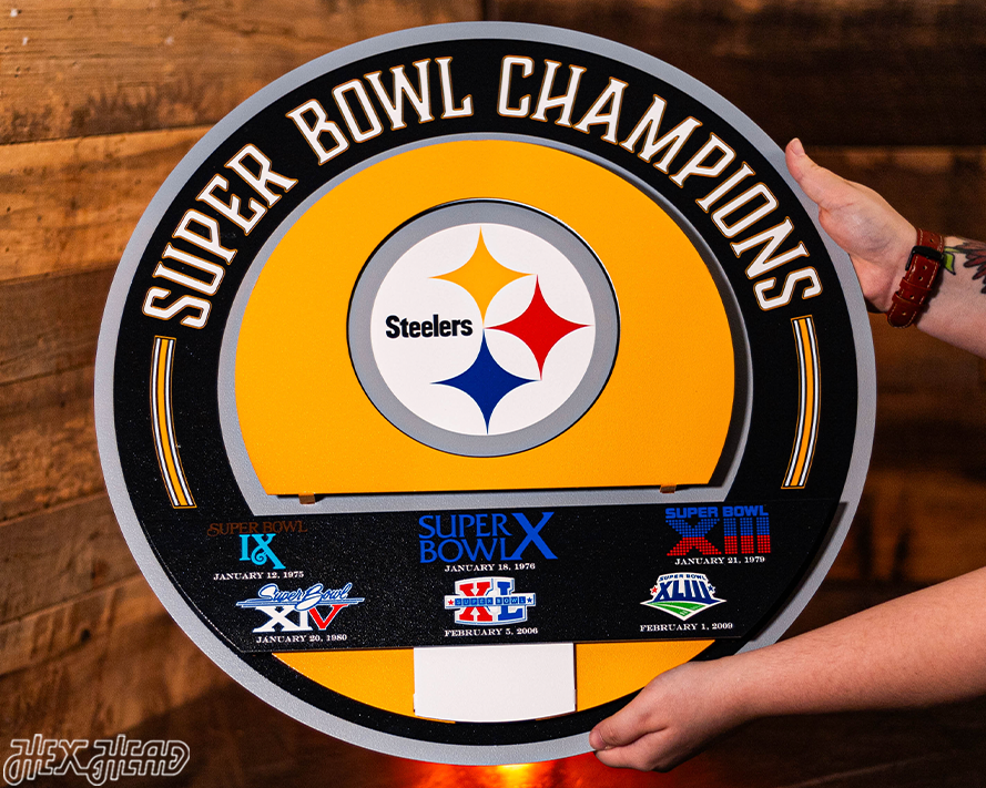Pittsburgh Steelers DYNASTY - Super Bowl Wins w/ Replaceable Icon Plate 3D Vintage Metal Wall Art