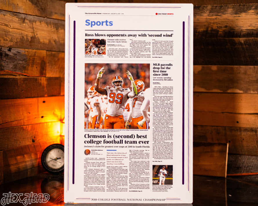 Greenville News Clemson Tigers 2018 Football National Champions Front Page - JAN 9, 2019