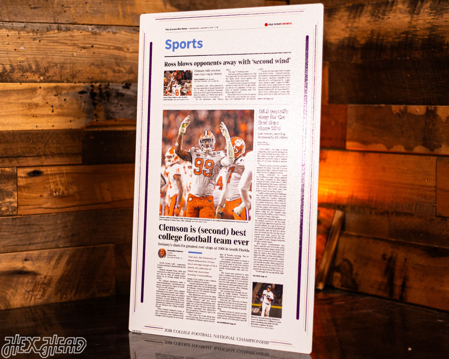 Greenville News Clemson Tigers 2018 Football National Champions Front Page - JAN 9, 2019