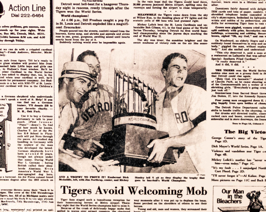 Detroit Free Press Tigers 1968 WORLD SERIES Front Page - OCT 11, 1968