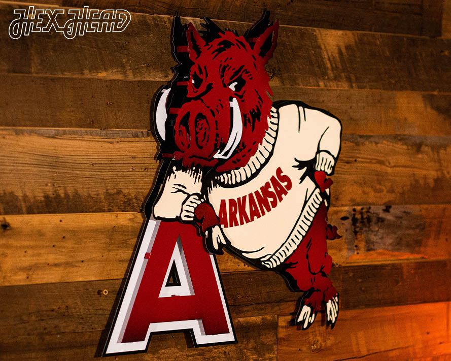 Arkansas Razorback VAULT "Hog Leaning on A" 3D Vintage Metal Wall Art
