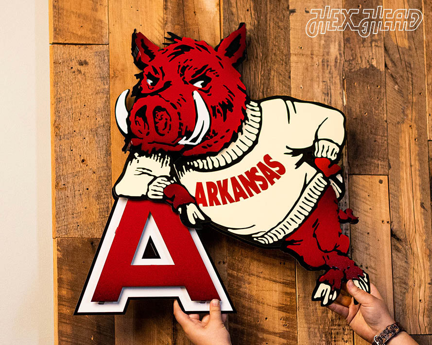Arkansas Razorback VAULT "Hog Leaning on A" 3D Vintage Metal Wall Art
