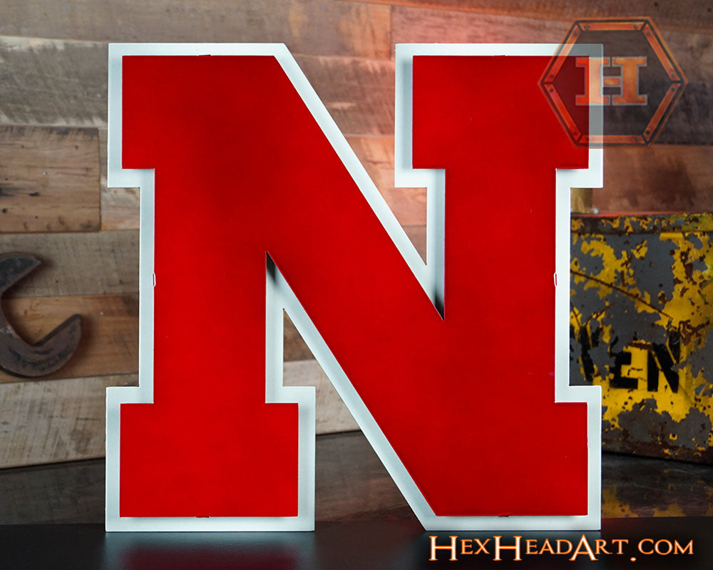 Nebraska Huskers "N" Red on White 3D Vintage Metal Artwork 18" x 18"