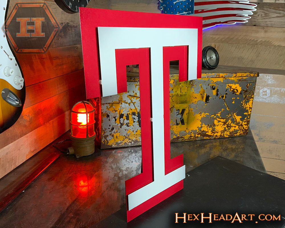 Temple Owls "T" White on Red 3D Vintage Metal Wall Art