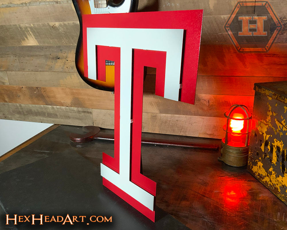 Temple Owls "T" White on Red 3D Vintage Metal Wall Art