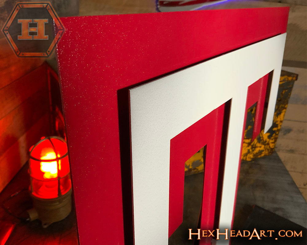 Temple Owls "T" White on Red 3D Vintage Metal Wall Art