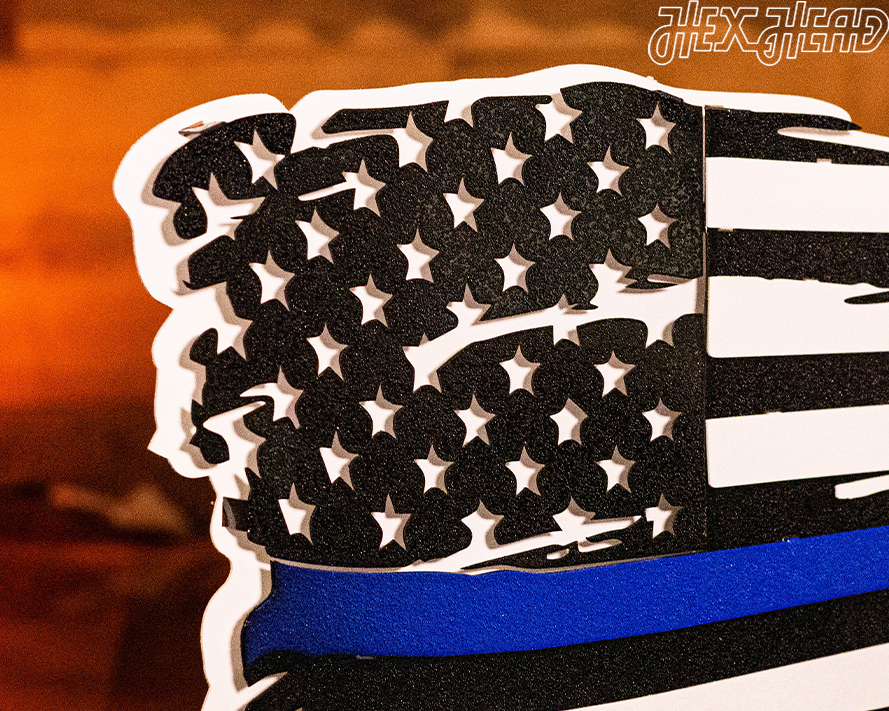 Tattered American Flag - Thin Blue Line 3D Metal Wall Art
