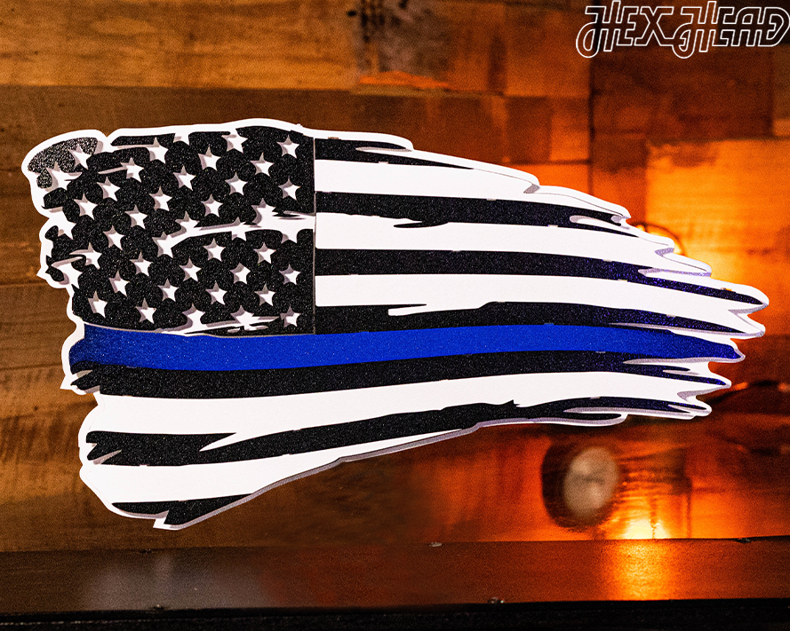 Tattered American Flag - Thin Blue Line 3D Metal Wall Art