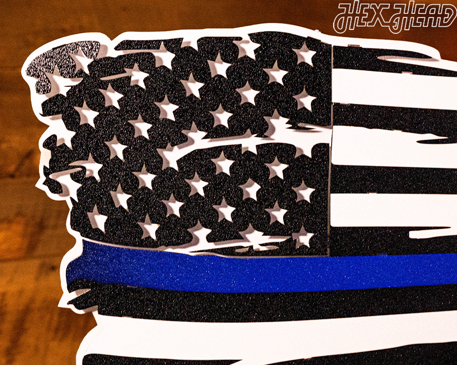 Tattered American Flag - Thin Blue Line 3D Metal Wall Art
