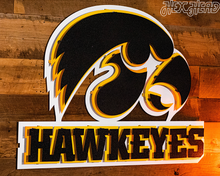 Load image into Gallery viewer, Iowa Hawkeyes Mascot with &quot;HAWKEYES&quot;  3D Metal Wall Art
