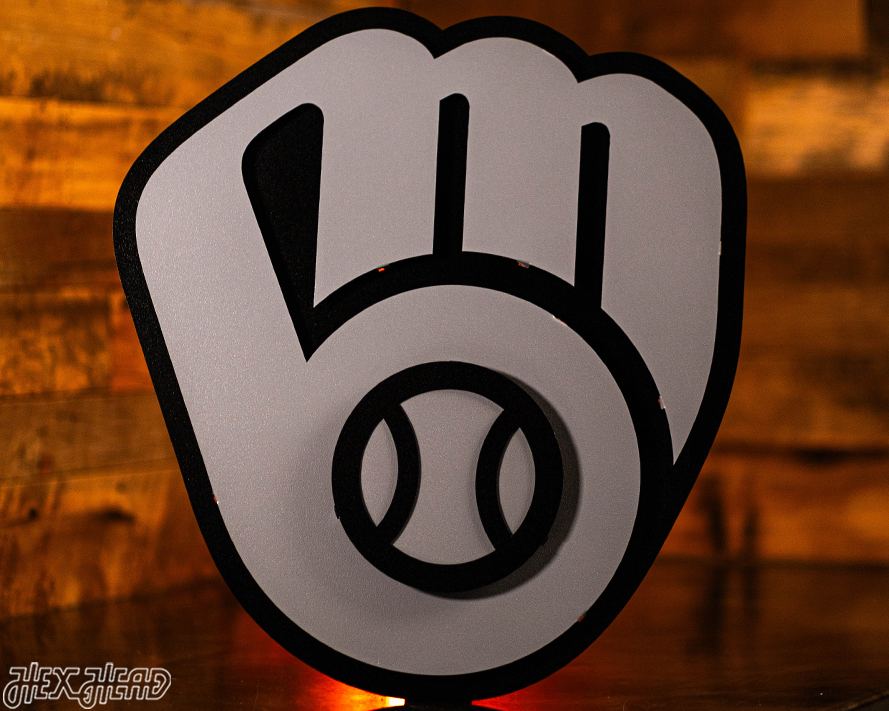 MONOCHROME -  Milwaukee Brewers Current "BALL-IN-GLOVE" 3D Vintage Metal Wall Art