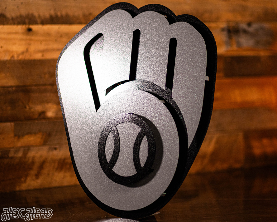 MONOCHROME -  Milwaukee Brewers Current "BALL-IN-GLOVE" 3D Vintage Metal Wall Art