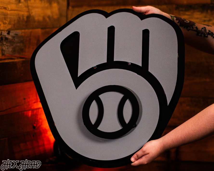 MONOCHROME -  Milwaukee Brewers Current "BALL-IN-GLOVE" 3D Vintage Metal Wall Art