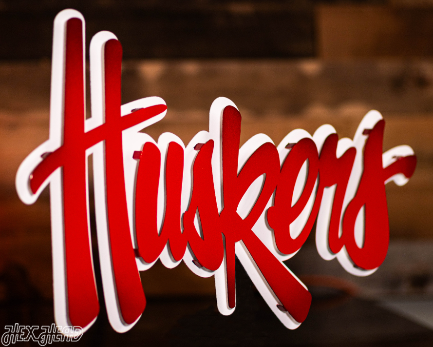 Nebraska "HUSKERS" RED Script 3D Vintage Metal Wall Art
