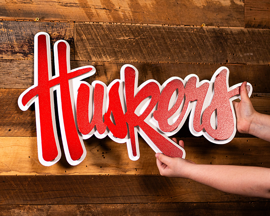 Nebraska "HUSKERS" RED Script 3D Vintage Metal Wall Art