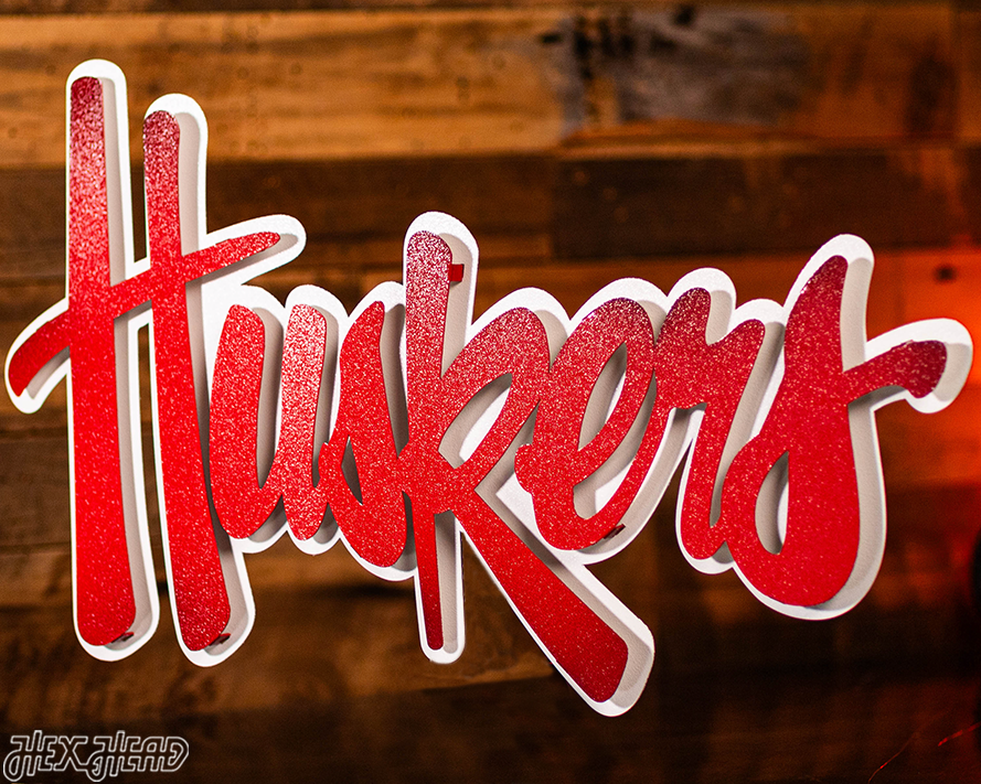 Nebraska "HUSKERS" RED Script 3D Vintage Metal Wall Art
