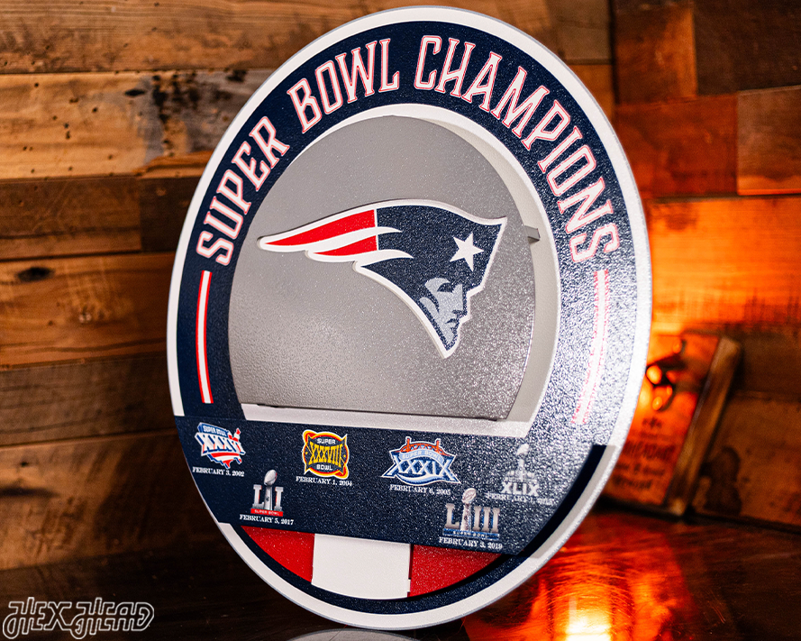 New England Patriots DYNASTY - Super Bowl Wins w/ Replaceable Icon Plate 3D Vintage Metal Wall Art