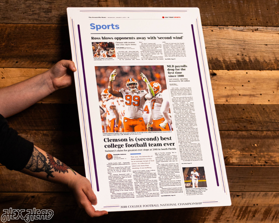 Greenville News Clemson Tigers 2018 Football National Champions Front Page - JAN 9, 2019