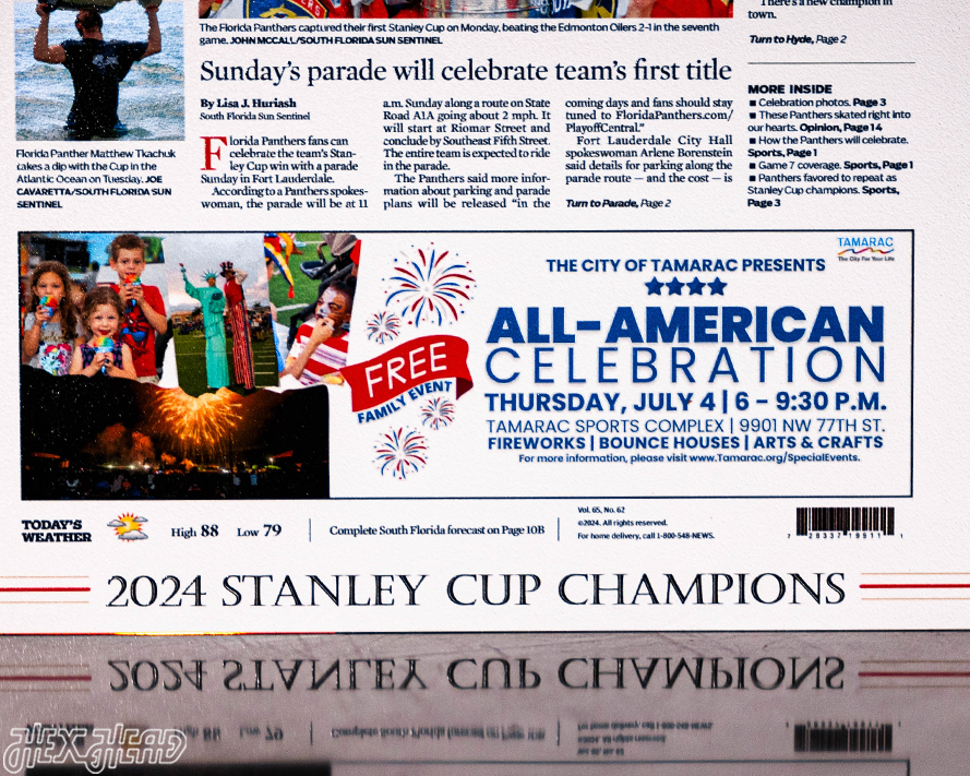 Sun Sentinel Florida Panthers 2024 STANLEY CUP Front Page - JUNE 26, 2024