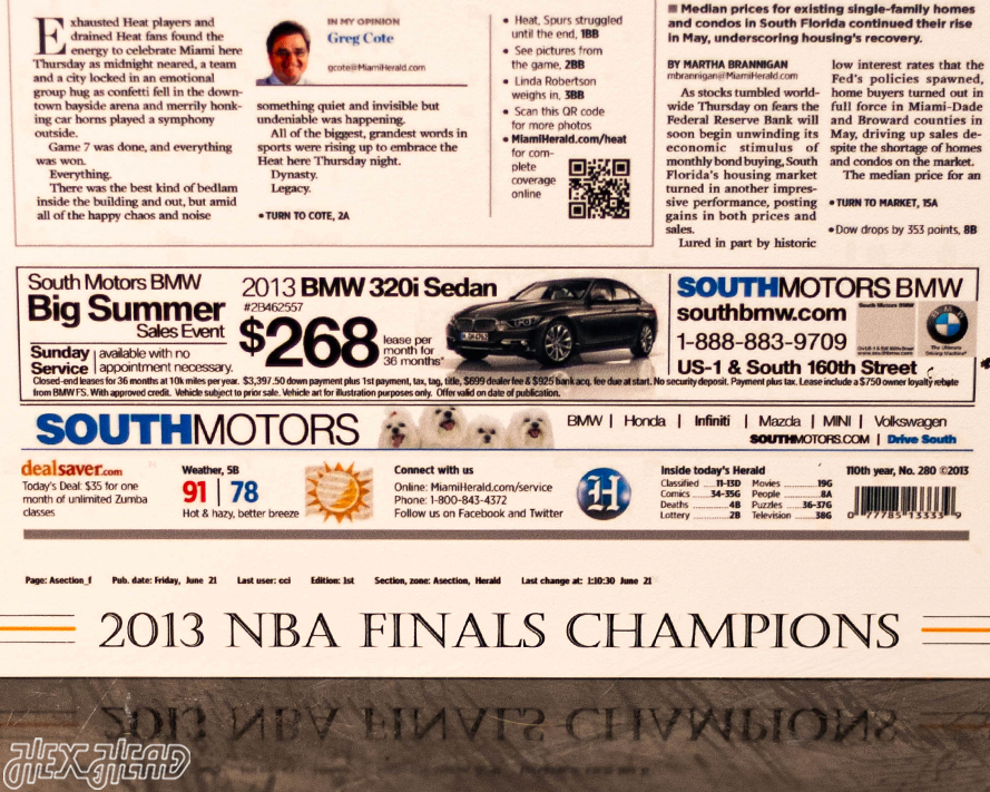 Miami Herald Heat 2013 NBA FINALS Front Page - JUNE 21, 2013