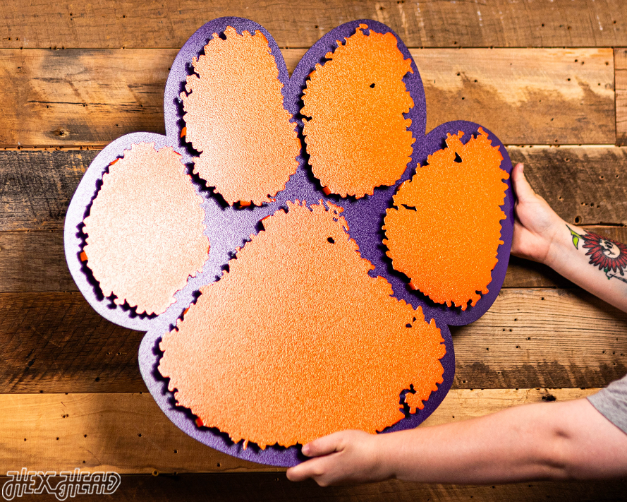 Clemson Tigers Orange on Purple Paw 3D Vintage Metal Wall Art