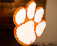 Load image into Gallery viewer, Clemson Tigers PAW - White on Orange 3D Vintage Metal Wall Art
