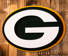 Load image into Gallery viewer, Green Bay Packers &quot;G&quot; 3D Metal Wall Art on a Wall

