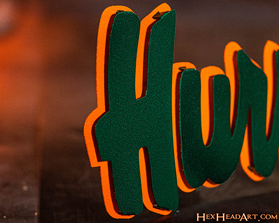 Miami Hurricanes Script 3D Vintage Metal Artwork – Hex Head Art