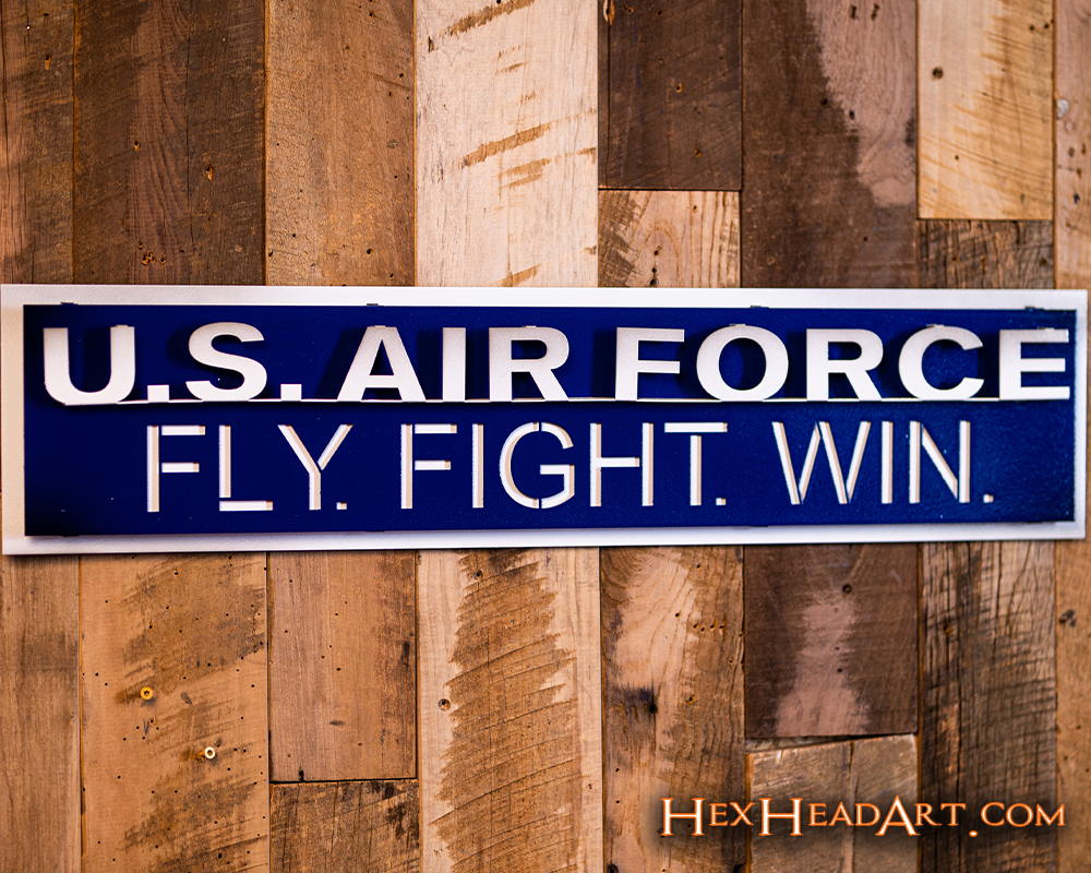 United States Air Force USAF "FLY-FIGHT-WIN" 3D Metal Wall Art on a Wall