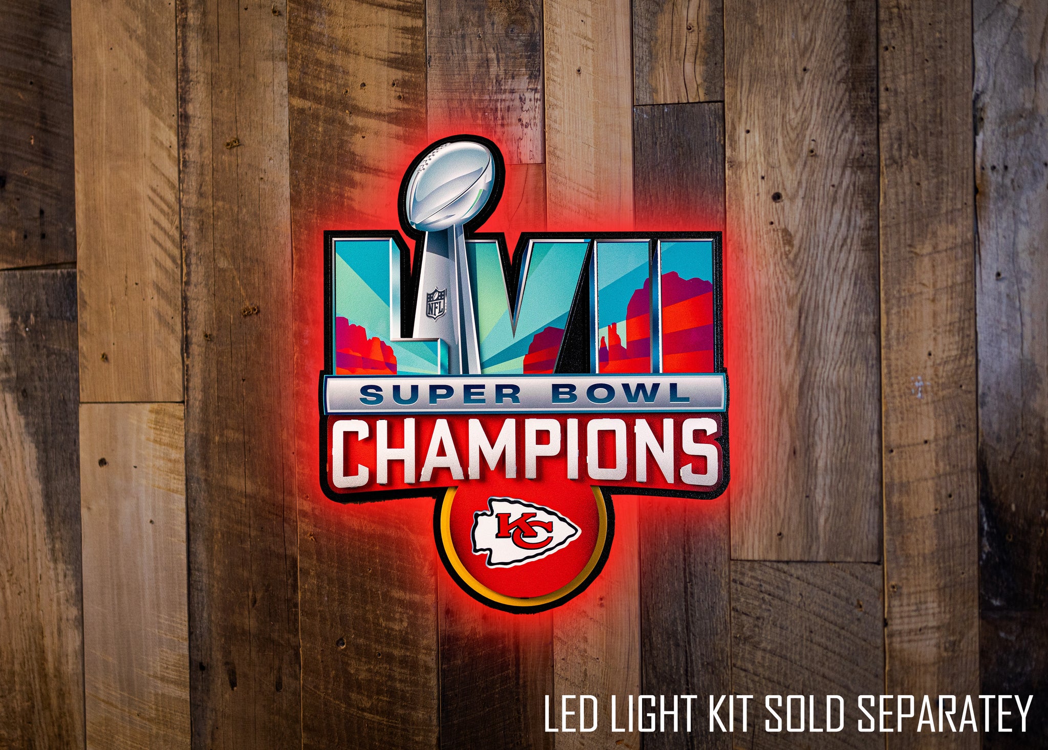 Kansas City Chiefs Champions NFL Sculpture Featuring A Beveled Glass Panel  With A Full-Color Montage, Super Bowl LVII Logo And Fully Dimensional Helmet