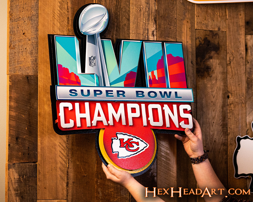 Kansas City Chiefs Champions NFL Sculpture Featuring A Beveled Glass Panel  With A Full-Color Montage, Super Bowl LVII Logo And Fully Dimensional Helmet