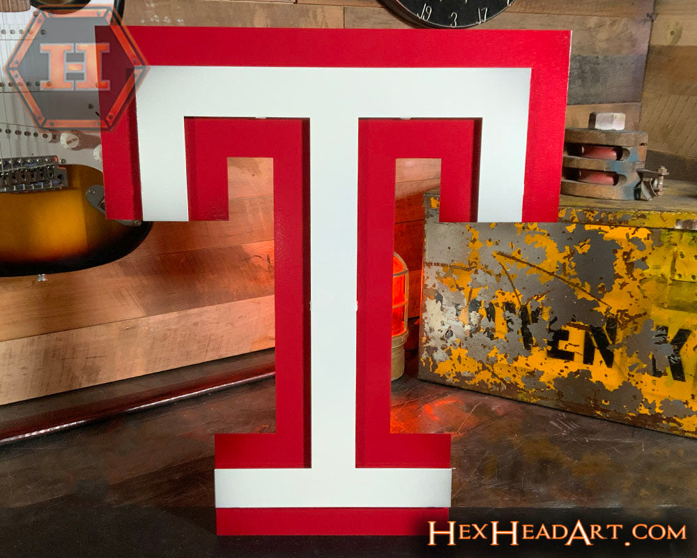 Temple Owls "T" White on Red 3D Vintage Metal Wall Art