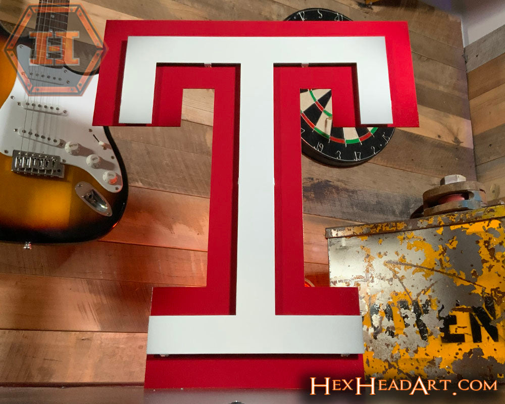 Temple Owls "T" White on Red 3D Vintage Metal Wall Art