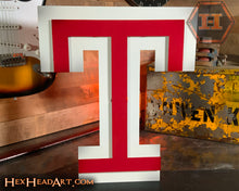 Load image into Gallery viewer, Temple Owls &quot;T&quot; Red on White 3D Vintage Metal Wall Art
